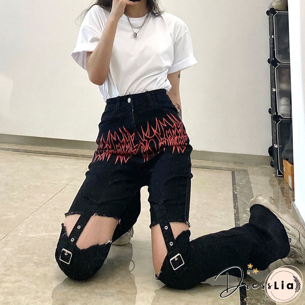 Weekeep Gothic Print Cut Out Blcak Jeans Women High Waist Denim Long Pants Summer Vintage 90S Harajuku Streetwear Punk Trousers