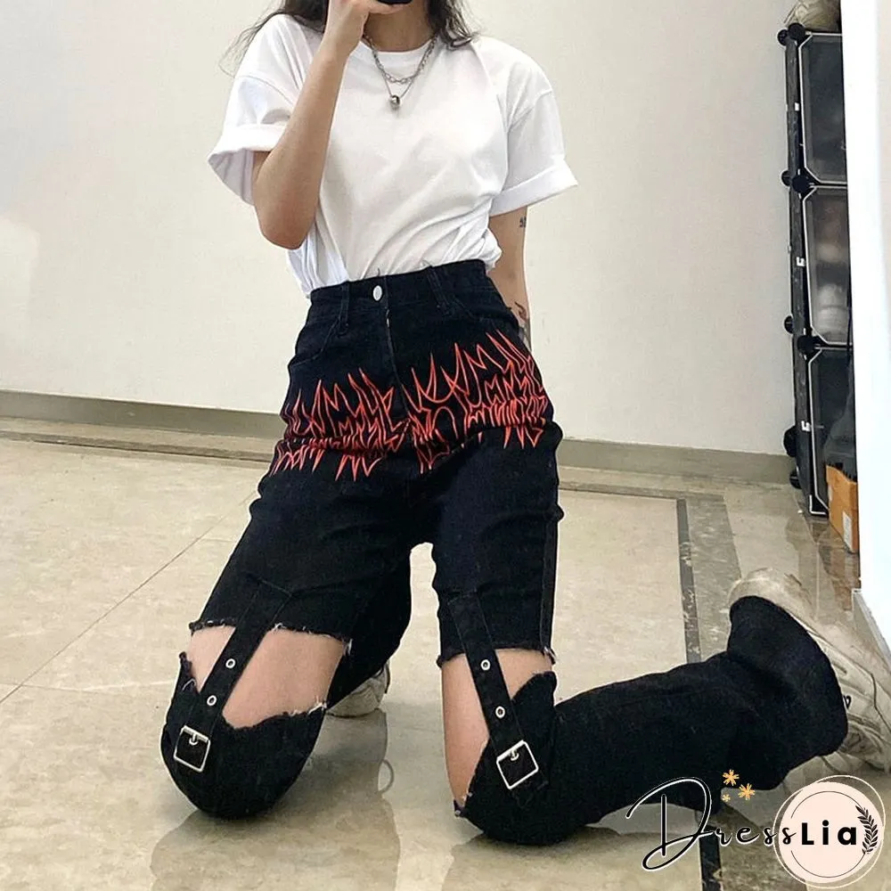 Weekeep Gothic Print Cut Out Blcak Jeans Women High Waist Denim Long Pants Summer Vintage 90S Harajuku Streetwear Punk Trousers
