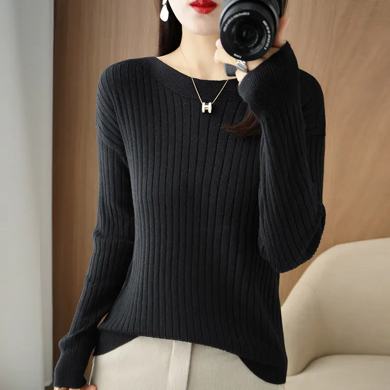 Churchf Churchf Round Collar Knit Women's Thin Early Spring And Autumn With A Sweater Long-Sleeve T-Shirt Wool Undershirt Loose.