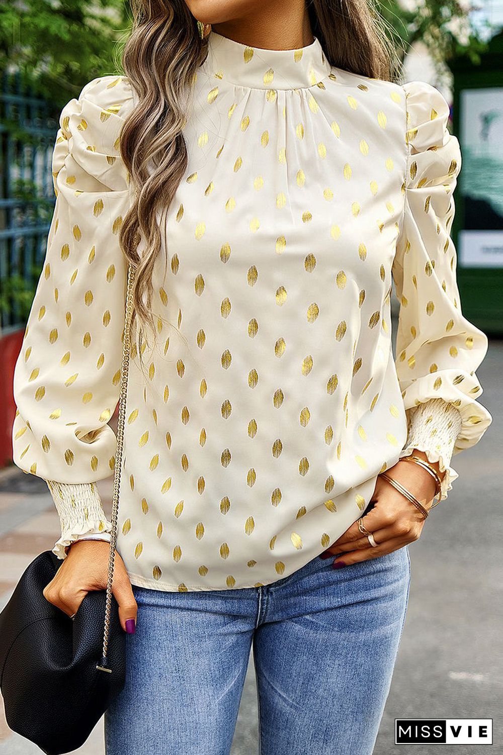 Elegant Polka Dot Fold Half A Turtleneck Tops