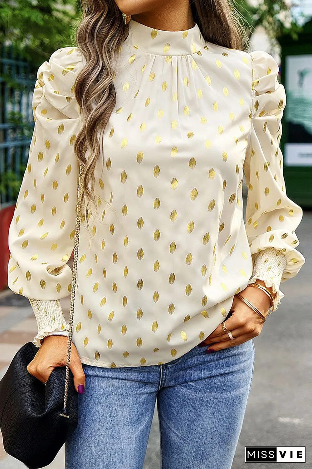 Elegant Polka Dot Fold Half A Turtleneck Tops