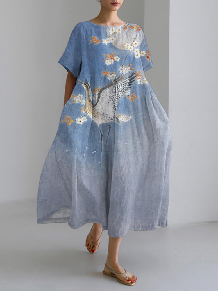 Flower & Crane Japanese Print Linen Maxi Dress