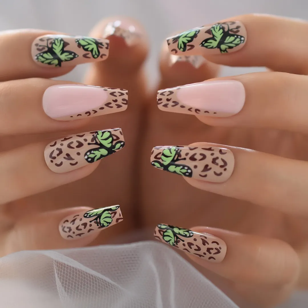 Long Coffin False Press On Nails Pink Black White Abstract Swirl Fake Nails Ballerina Full Cover Gel Glossy Acrylic Nail Tips-Nail Inspo