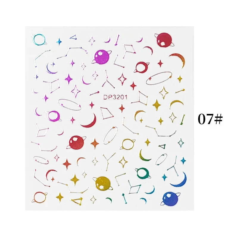 English Letter Design 3D Nail Stickers Iridescent Geometrics Gold Stars Moon Transfer Nail Art Sliders Decoration Accessories