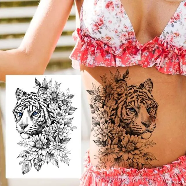 Large Tiger Lion Black Flower Fake Tattoo Sticker For Women Rose Fox BirdTemporary Tattoos DIY 3D Water Transfer Tatoos Girl Man