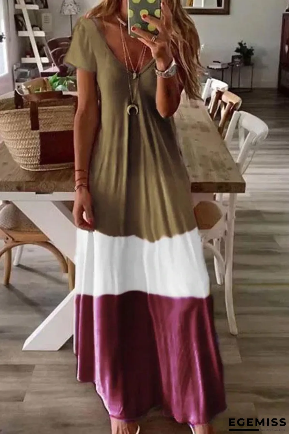 Color-block V-neck Short Sleeves A-line Holiday Maxi Dress | EGEMISS