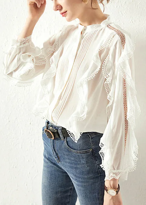 Loose White Ruffled Hollow Out Cotton Shirts Fall