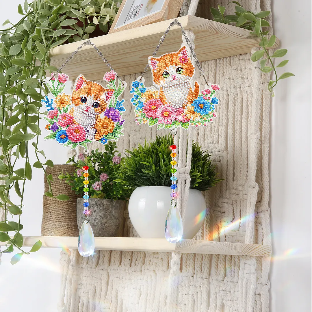 2Pcs Flower Kitten DIY Acrylic Diamond Painting Art Wind Chimes with Crystal Pendant Diamond Art Hanging Pendant Double-Sided for Adults Beginners Gift Home Garden Decor