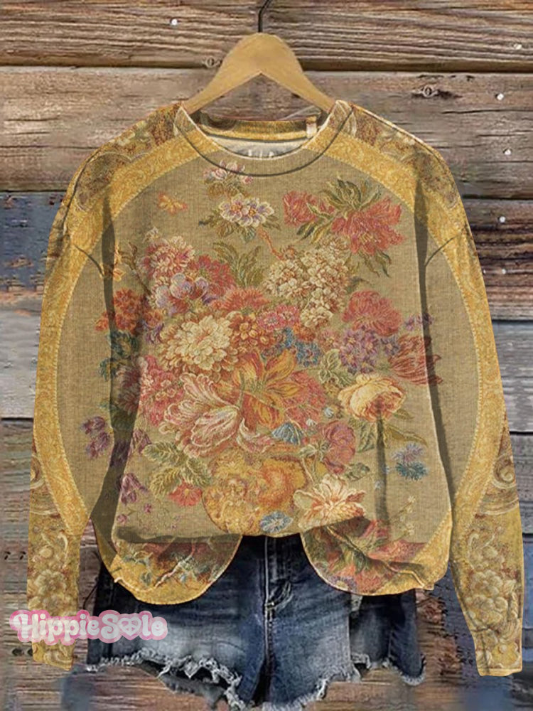 Vintage Floral Art Print Casual Sweatshirt Maroon / S