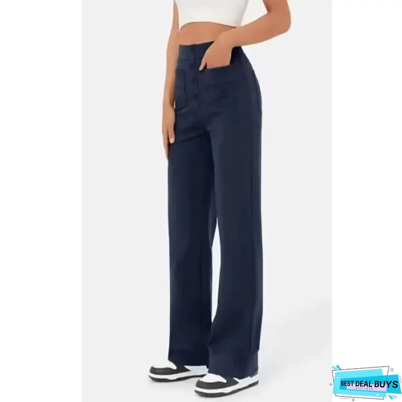 Women's Straight High Waist Button Elastic Band Pants