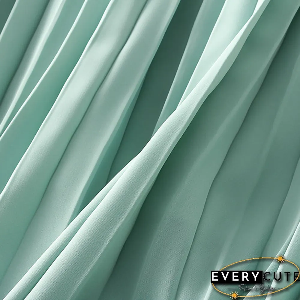 Light Green Elastic Waist A-line Pleated Maxi Skirt