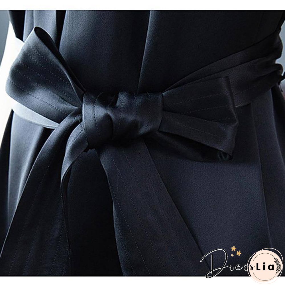 Spring Midi Black Dresses Women Short Sleeve Belt Satin Vintage Elegant Fashion Female Clothing Office Lady Party Summer