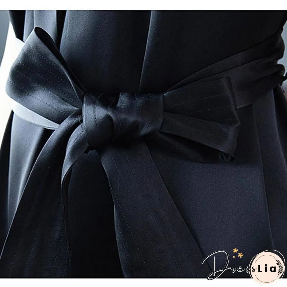 Spring Midi Black Dresses Women Short Sleeve Belt Satin Vintage Elegant Fashion Female Clothing Office Lady Party Summer