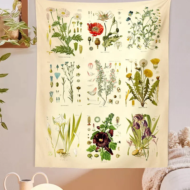 Botanical Wildflower Tapestry Wall Hanging Vintage garden Hippie floral art Tapestries Colorful Psychedelic INS Home Decor
