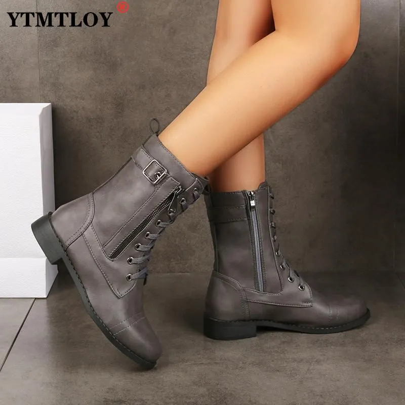 Ladies Low-heel Casual Long Women's Boots Plus Cotton Warm Zipper Round-toe Winter Shoes Motorcycle Boots 2022 New Ankle