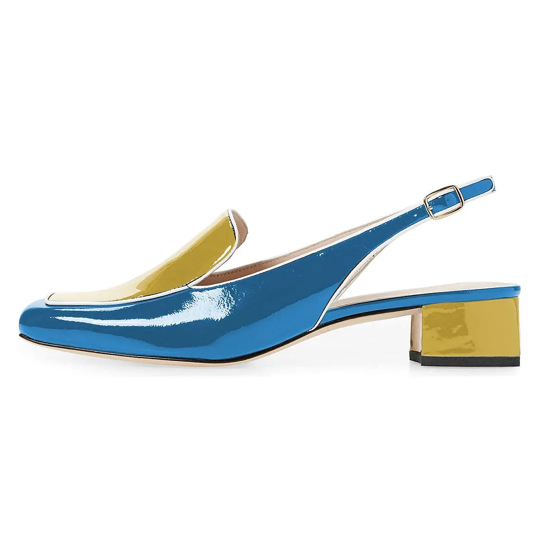 Blue & Yellow Patent Leather Buckle Slingback Women's Loafers