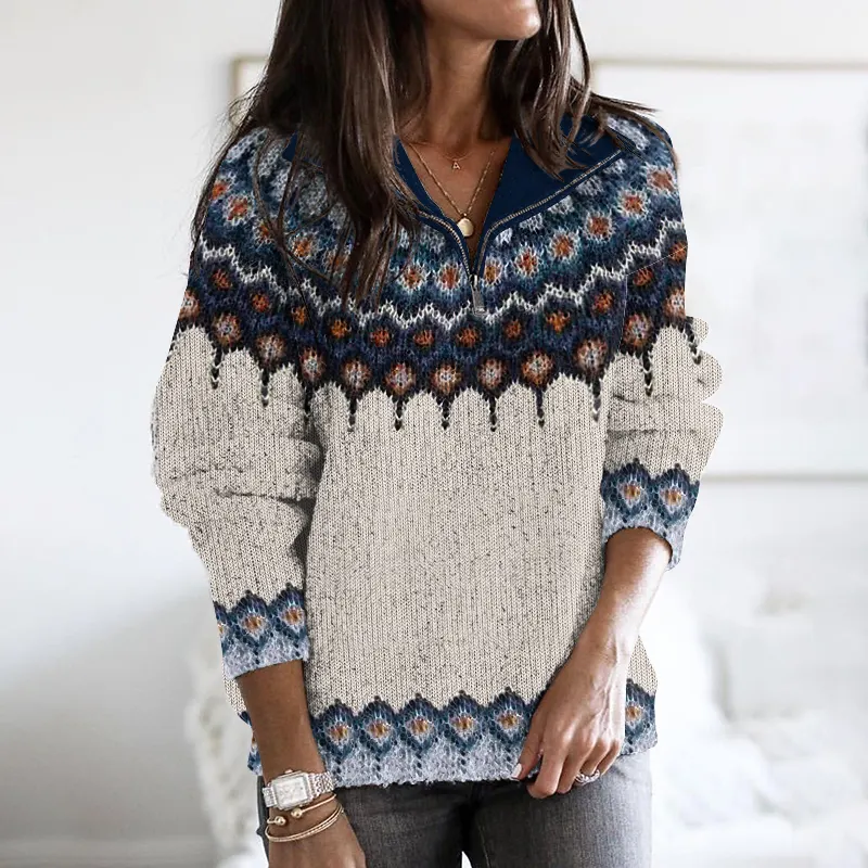 Retro Icelandic Pattern Knitted Zipper Cozy Sweater