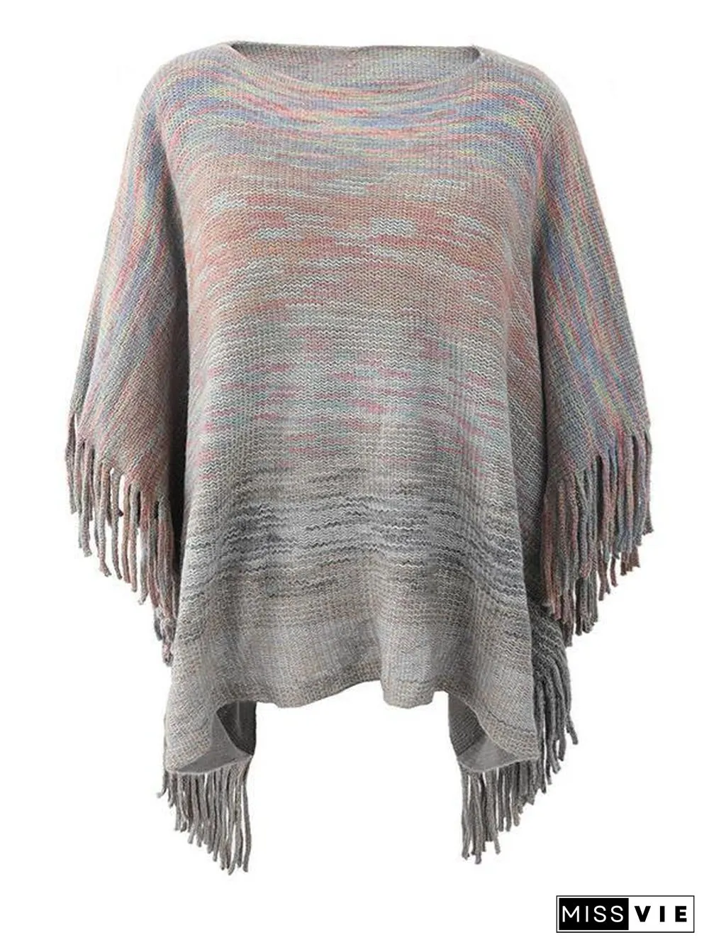 Women's Scoop Neck 3/4 Sleeve Knit Shawl Fringed Hem Striped Sweater Top