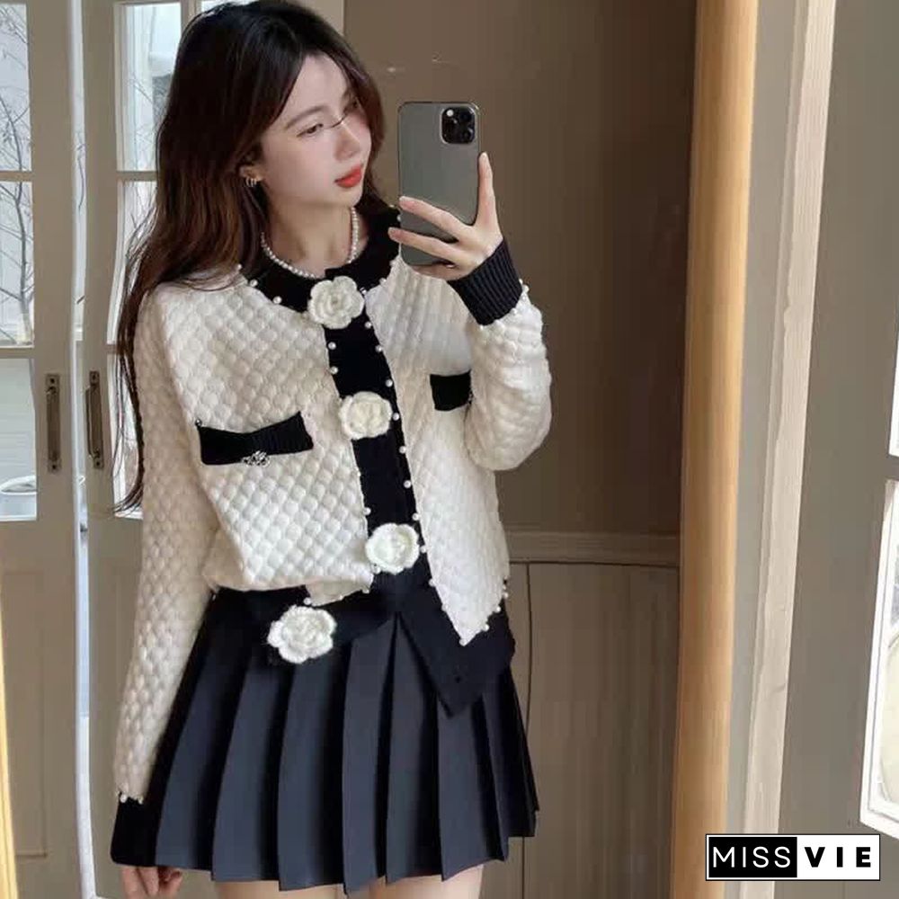 Pearl Decor 3D Blossom Button Cardigan Sweater