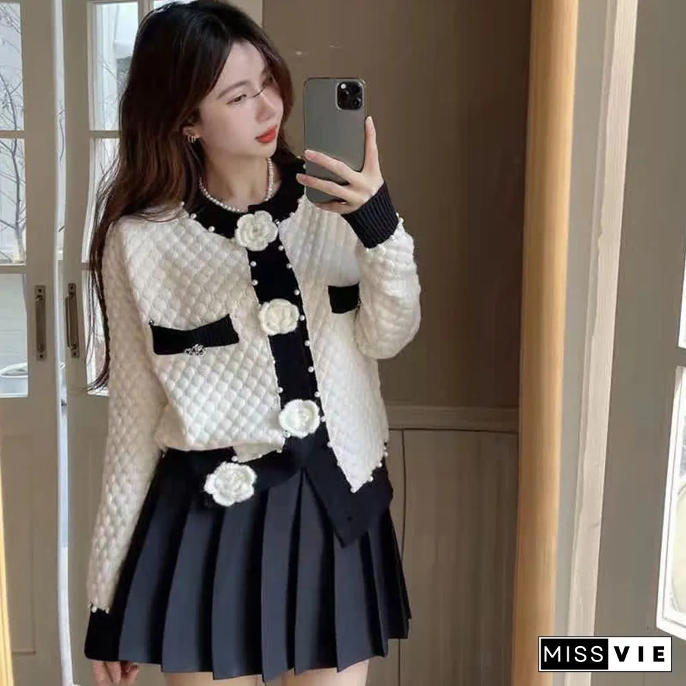 Pearl Decor 3D Blossom Button Cardigan Sweater