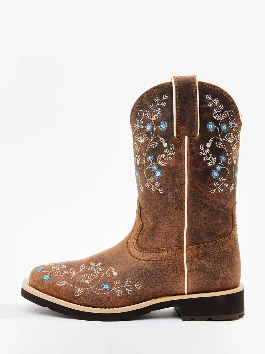 Brown Vegan Leather Sophisticated Knee High Boots With Floral Embroidery Design  