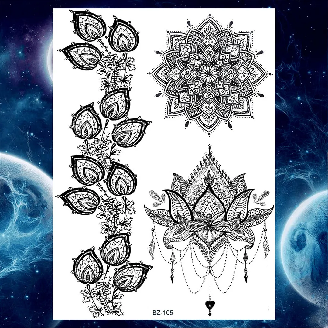 Sexy Black Henna Temporary Tattoos For Women Girls Lotus Flower Lace Tattoo Sticker Fake Jewelry Mandala Body Chest Tatoos Paper
