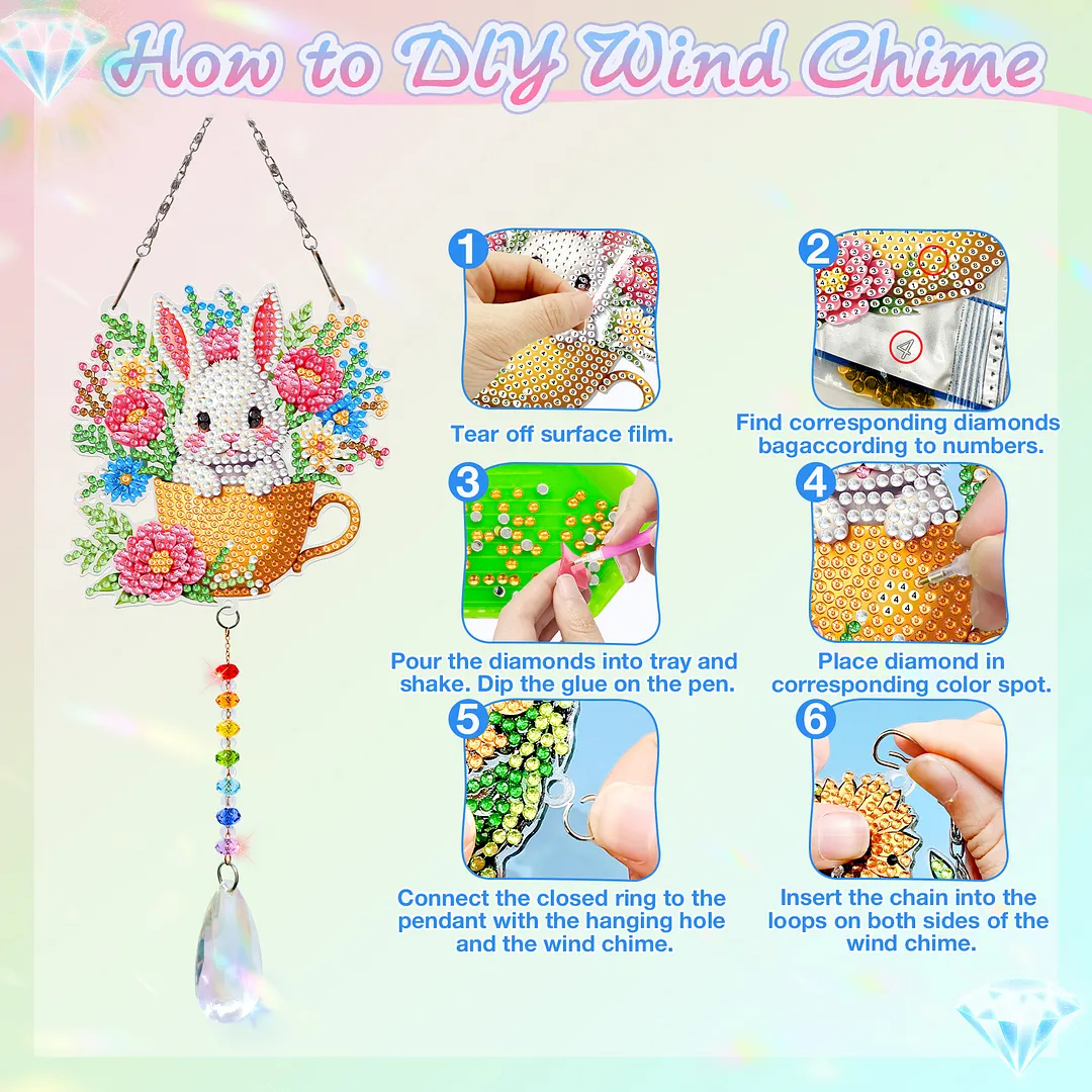 2Pcs Teacup Rabbit DIY Double-Sided Diamond Painting Hanging Kits Diamond Painting Suncatcher Craft Kit for Home Garden Wall Decor Gift