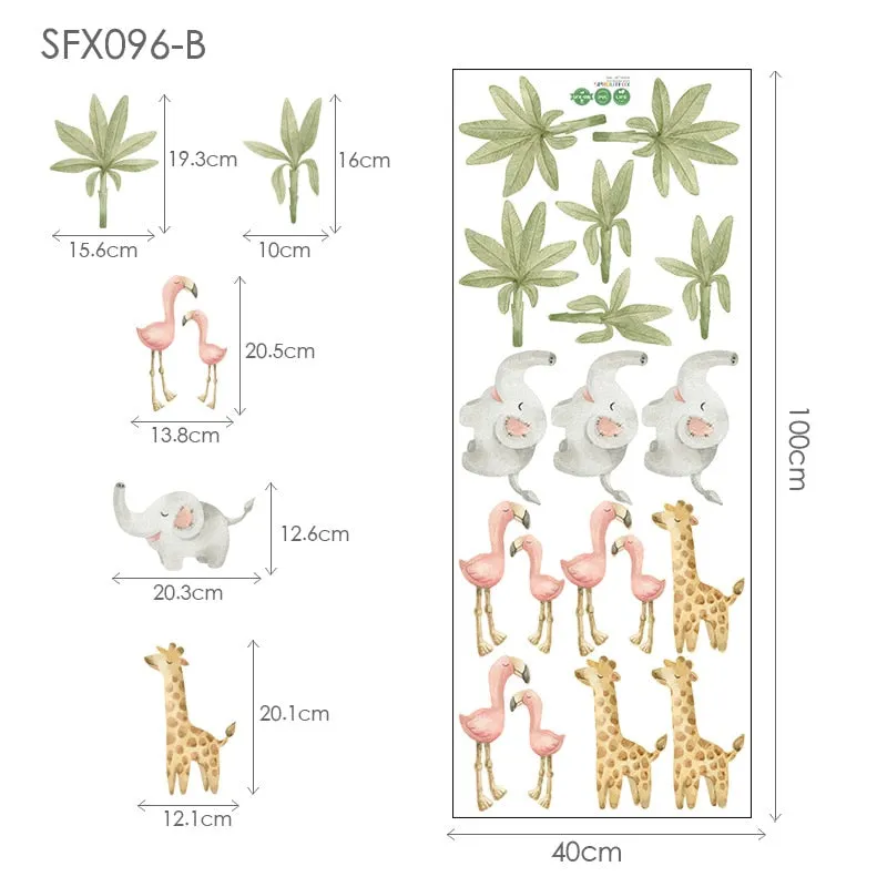 Cartoon Animal Baby Flamingo Elephant Giraffe Green Leaf Wall Stickers for Kids Room Living Room Baby Nursey Home Decoartion