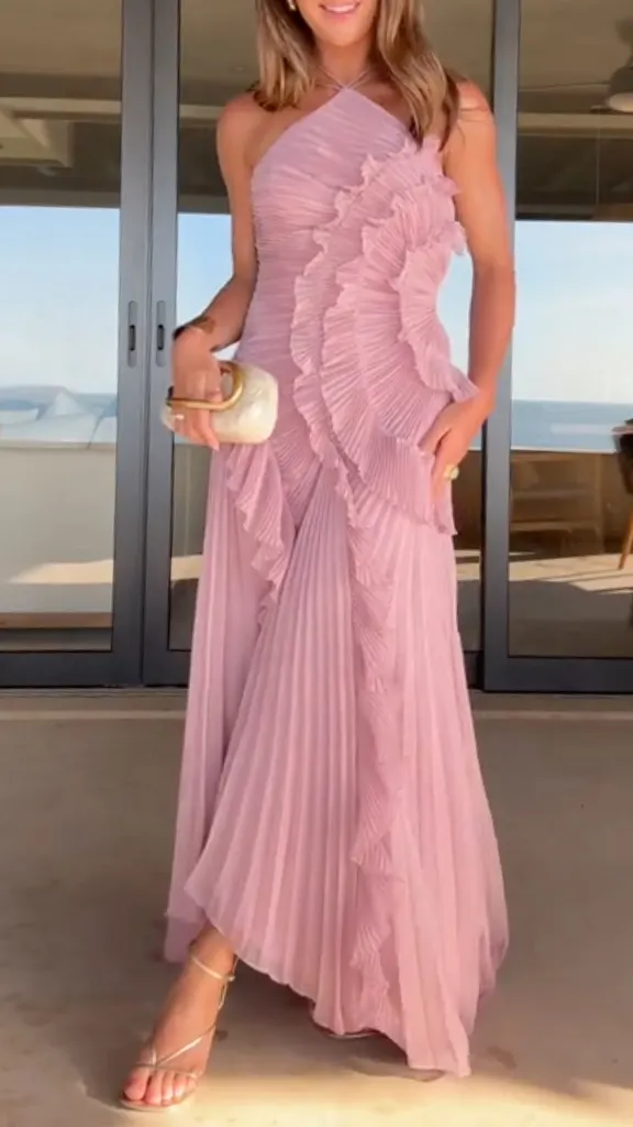 Pleated Ruffle Asymmetrical Hem Halter Neck Maxi Dress