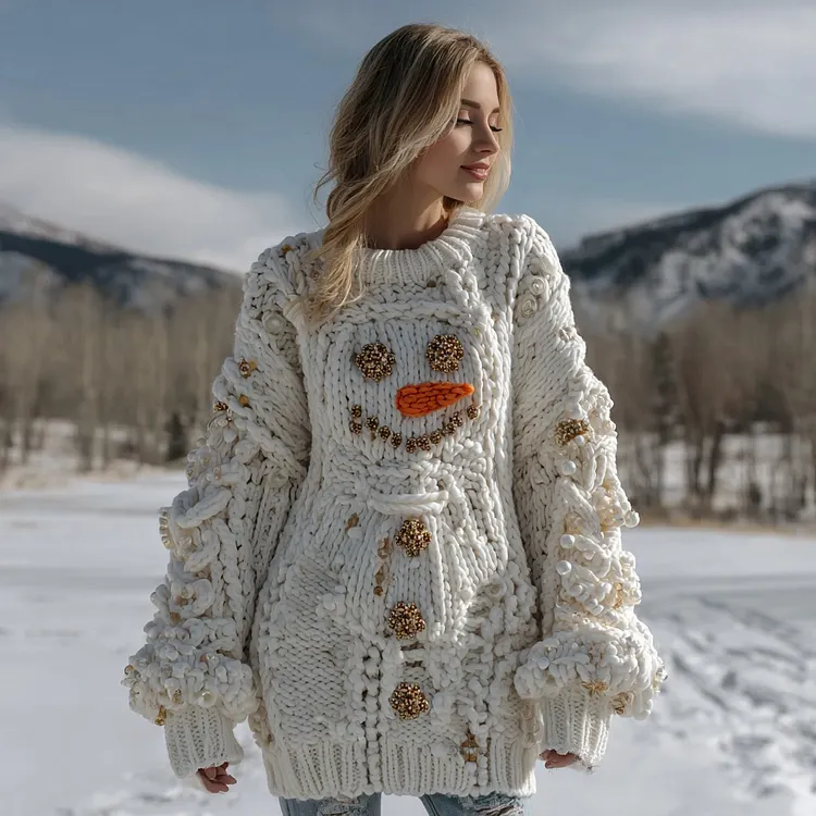 Women's Cute Christmas Snowman Face Knitted Jacquard Crew Neck Sweater