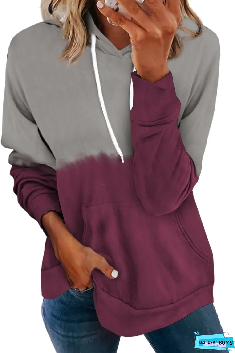 Burgundy Dip-Dye Colorblock Drawstring Hoodie with Pockets