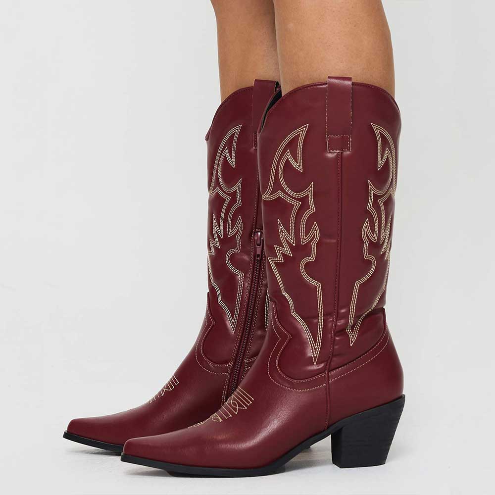 Maroon Embroidered Vegan Leather Pointed Toe Partial-Zip Cowgirl Boots