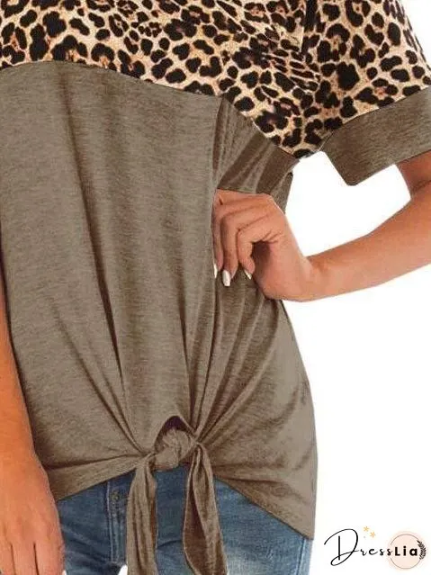 Leopard Print Stitching Ribbon Bow T-shirt for Women