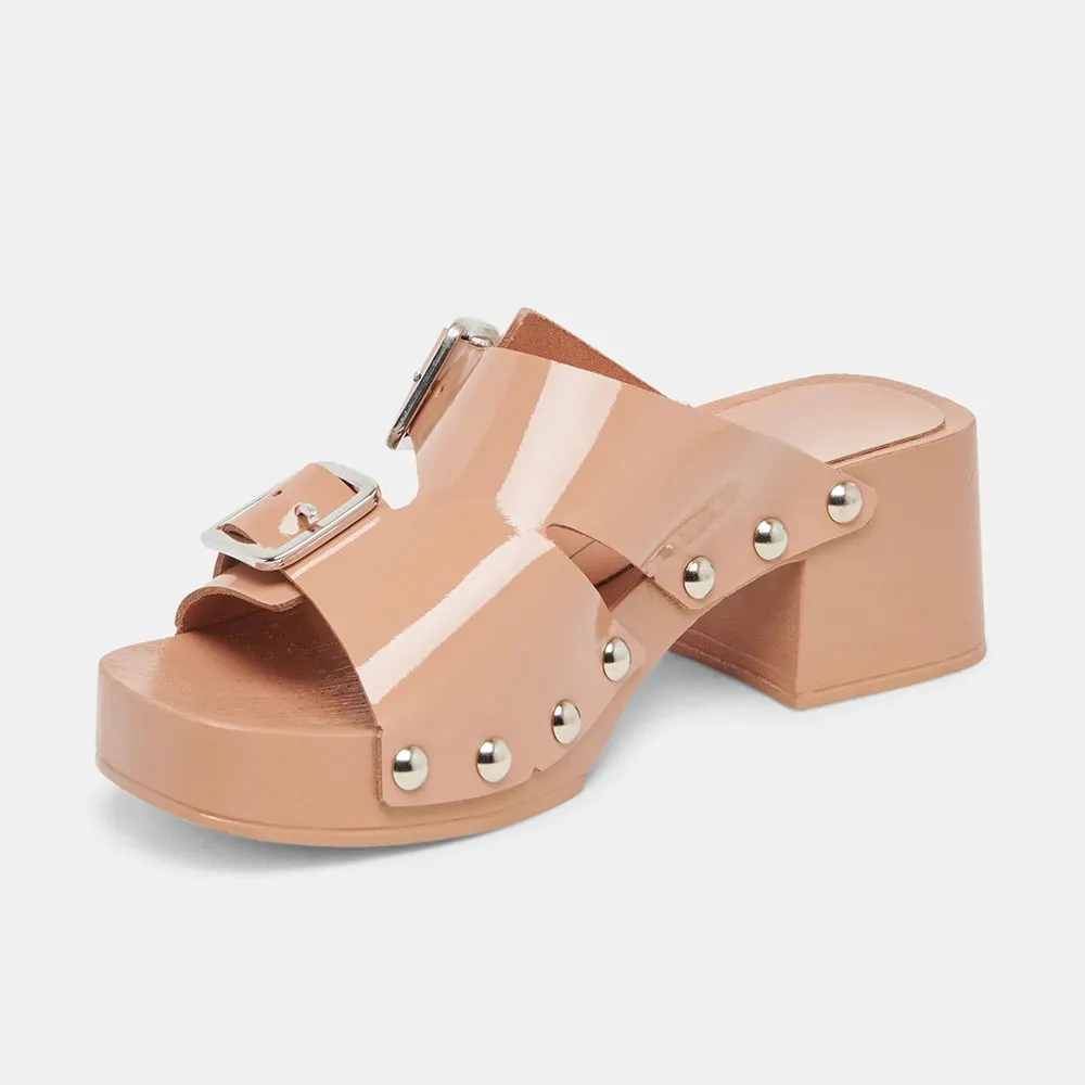 Square Toe Studded Mid Block Heel Buckled Nude Platform Mules