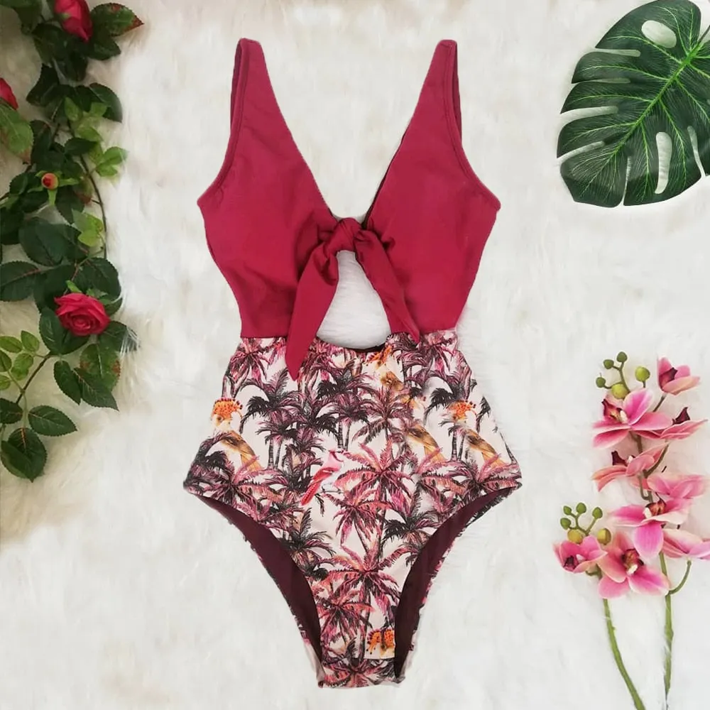 2022 New Sexy Ruffle Print Floral One Piece Strappy Slimming Swimwear Women Swimsuit Deep-V Bathing Suit Beach Wear Monkini