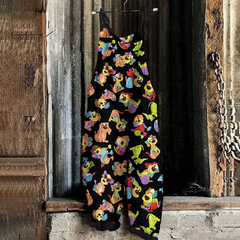 Japanese Art Cute Colorful Dog Print Loose Casual Jumpsuit