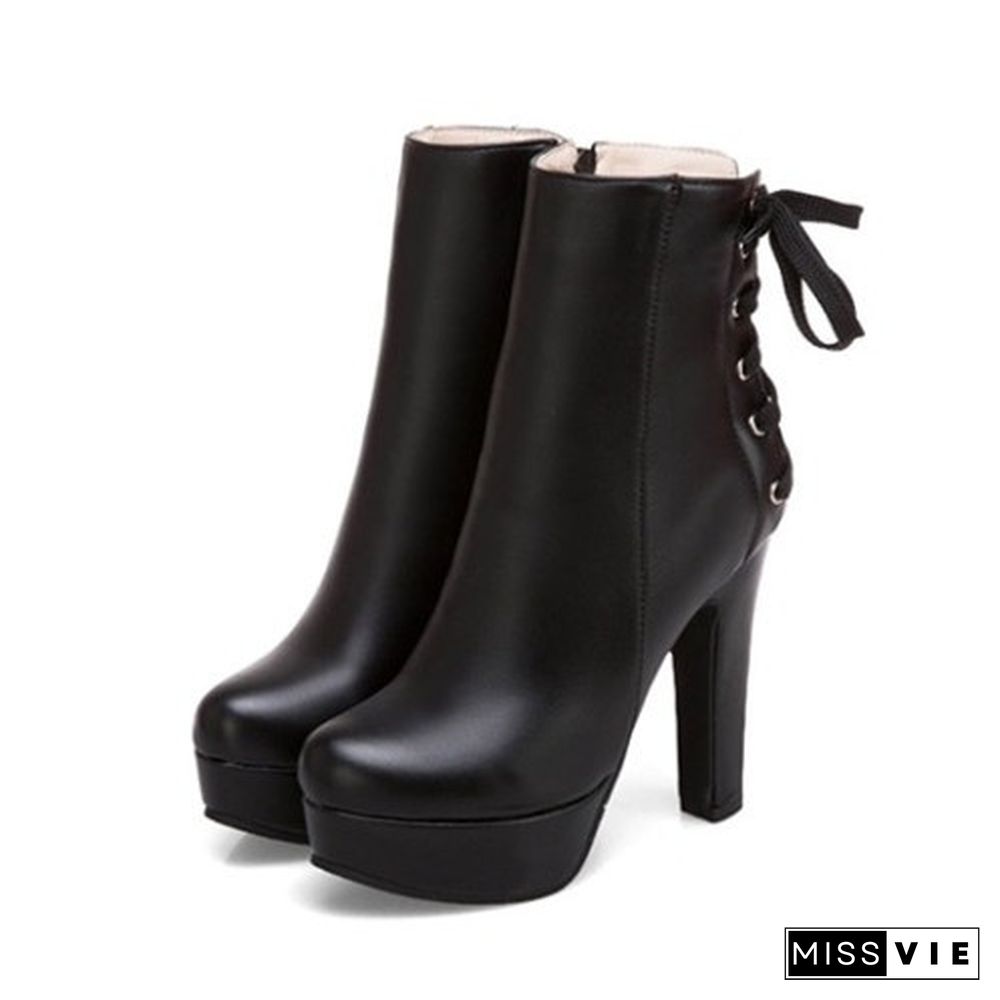 New Women Winter Boots Ladies Fashion Platform High Heel Back Lace Up Zipper Martin Ankle Boots Short Boots Botas Plus Size 34-50