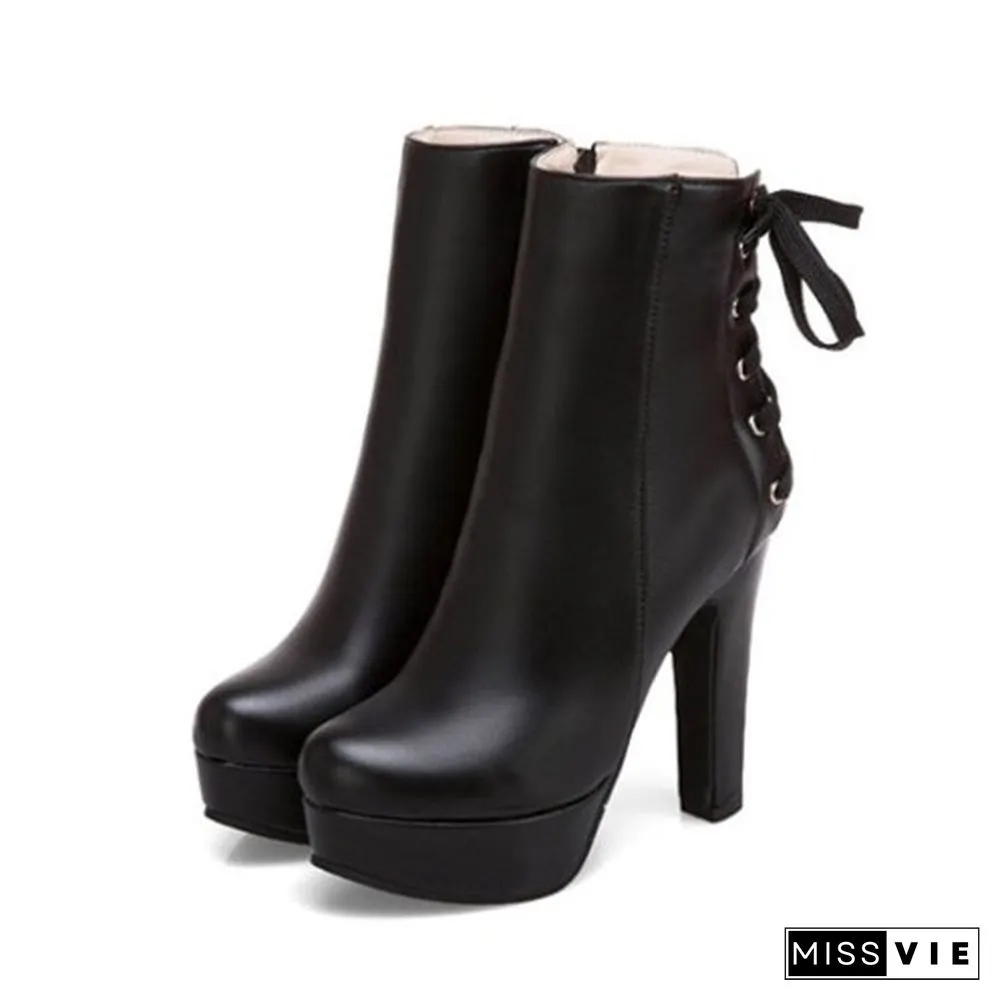 New Women Winter Boots Ladies Fashion Platform High Heel Back Lace Up Zipper Martin Ankle Boots Short Boots Botas Plus Size 34-50
