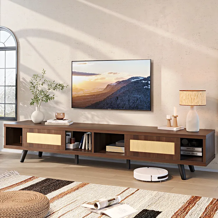 Bestier Rattan TV Stand for TVs up to 75", Mid Century Modern TV Stand with Sliding Doors, Entertainment Center for Living Room