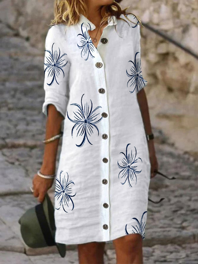 Women's printed cotton linen shirt dress