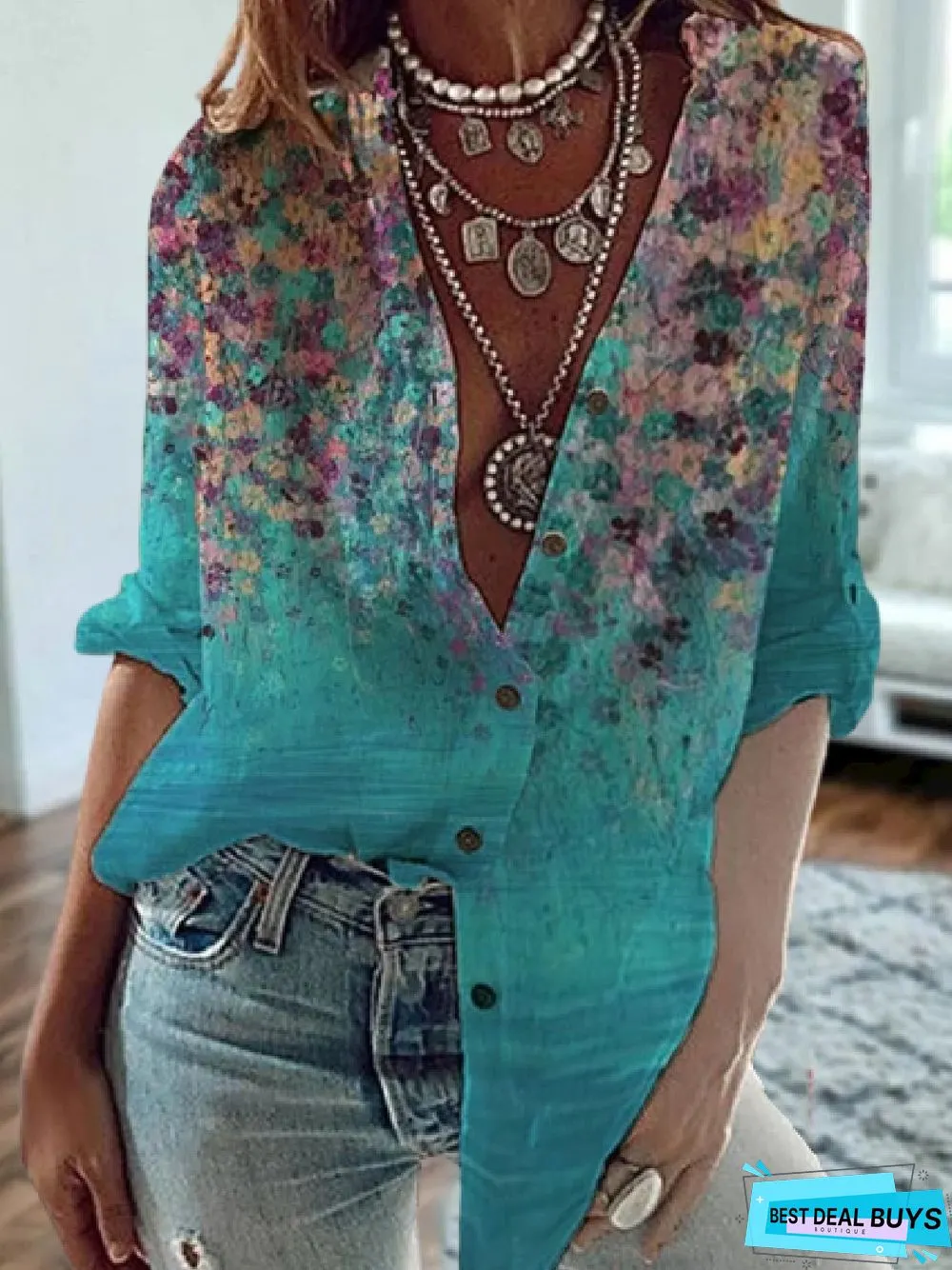 Women's Casual Daily Casual Loose Floral Stand Collar Long Sleeve Tunic Blouse