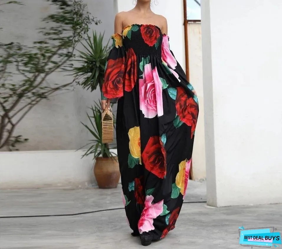Black Rose Floral Strapless Off Shoulder Sleeve Big Hem Long Dress