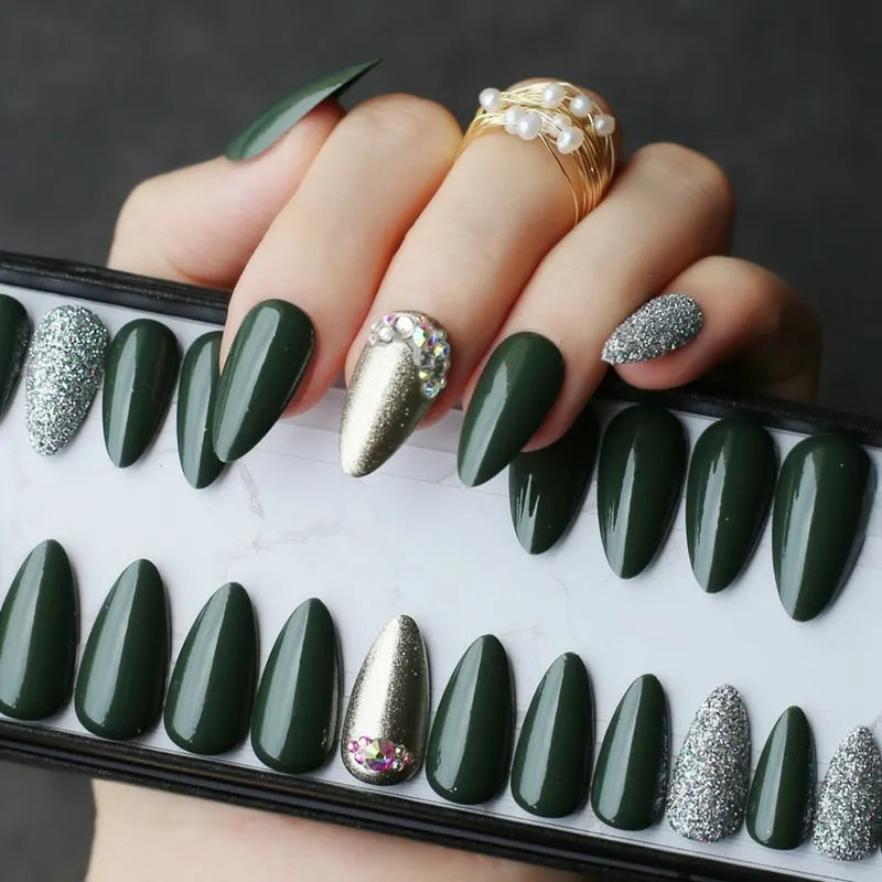 Green UV Stiletto Shiny Silver glitter crystal diamond false nails medium almond art White salon glossy fake nails-Nail Inspo