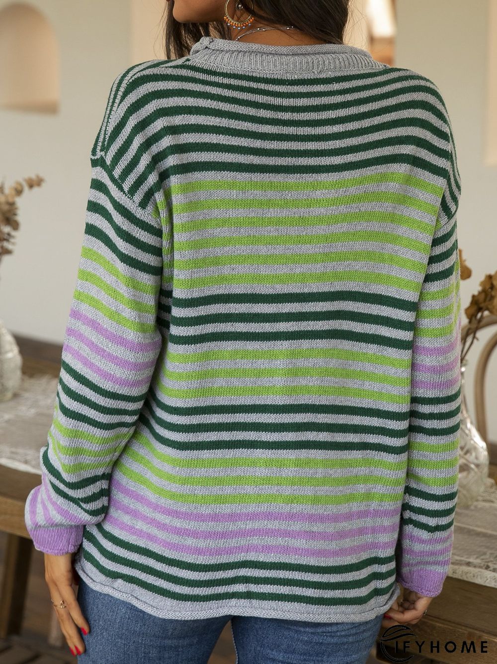 Striped Casual Crew Neck Long Sleeve Knitwear & Sweater | IFYHOME