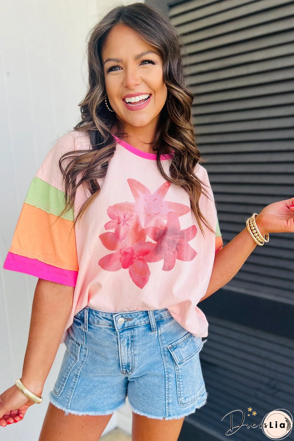 Pink Flower Color Block Half Sleeve Loose T Shirt