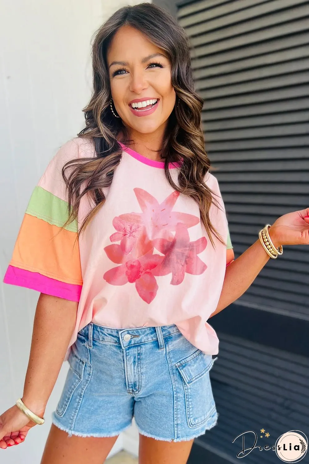 Pink Flower Color Block Half Sleeve Loose T Shirt