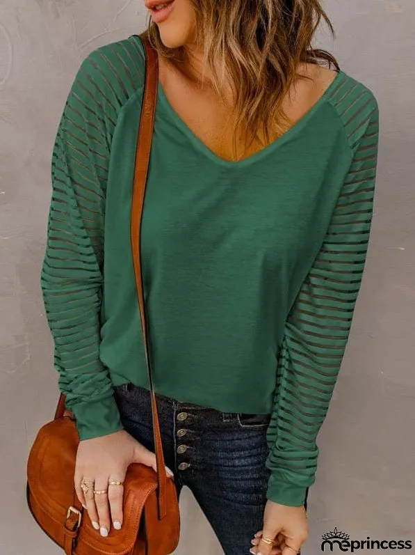 Stripe Long Sleeve Large Fashion Simple V-Neck T-Shirt