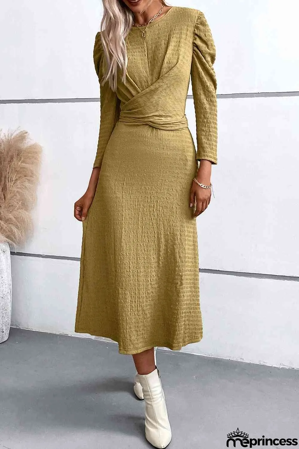 Crisscross Tied Puff Sleeve Dress