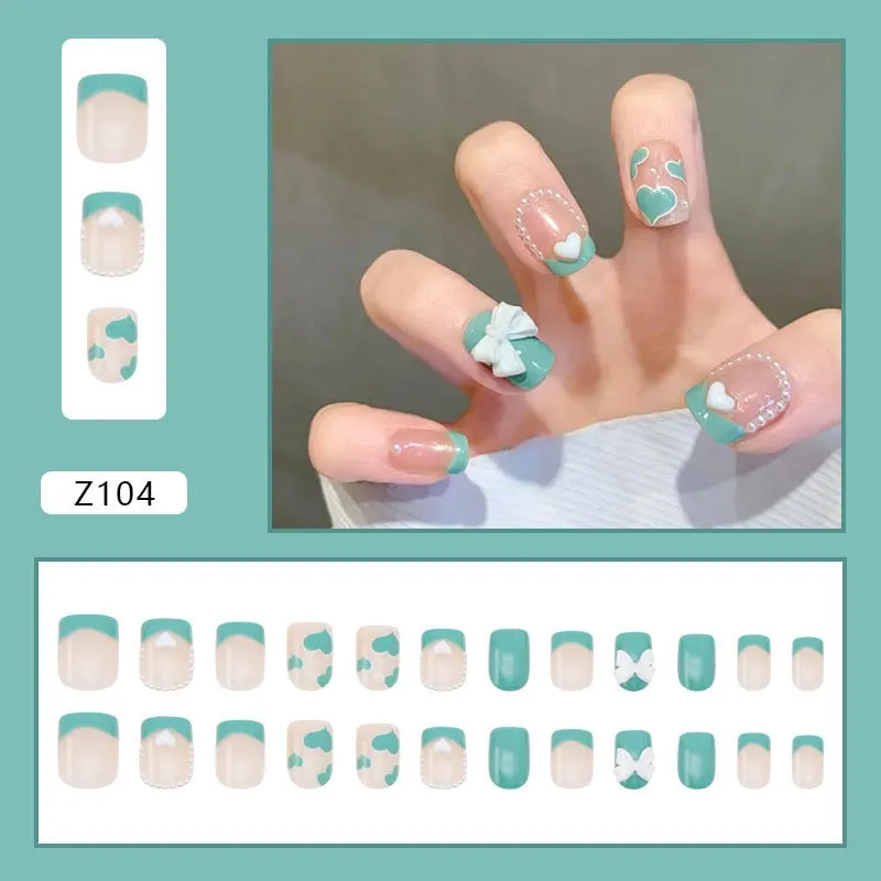 24pcs/box Fake Nails With Glue Yellow Flower Printed Type Short Paragraph Fashion Manicure Press On False Nails Gifts For Girls-Nail Inspo