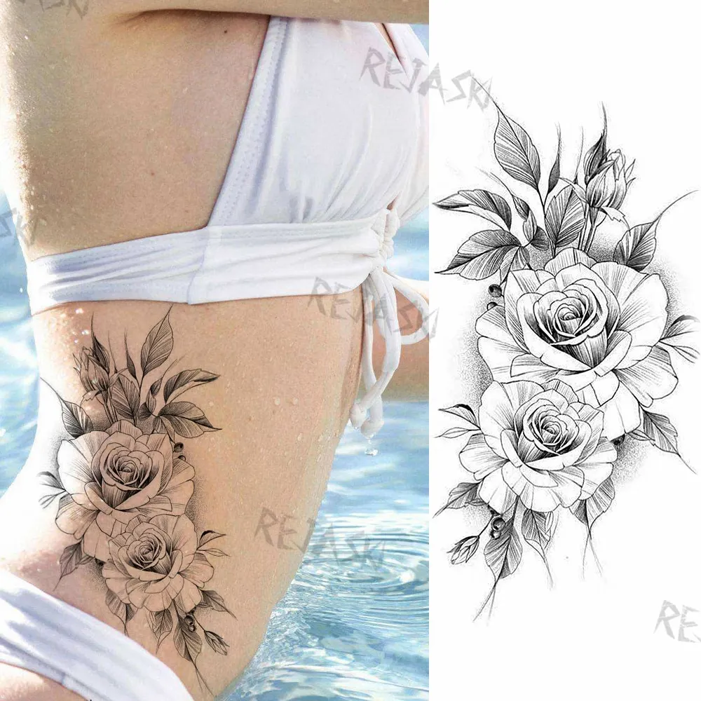 Sdrawing Rose Jewelry Water Transfer Tattoo Stickers Women Body Chest Art Temporary Tattoo Girl Waist Bracelet Flash Tatoos Flower